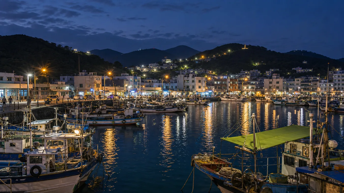 July Tongyeong Gangguan Harbor night view with docked boats