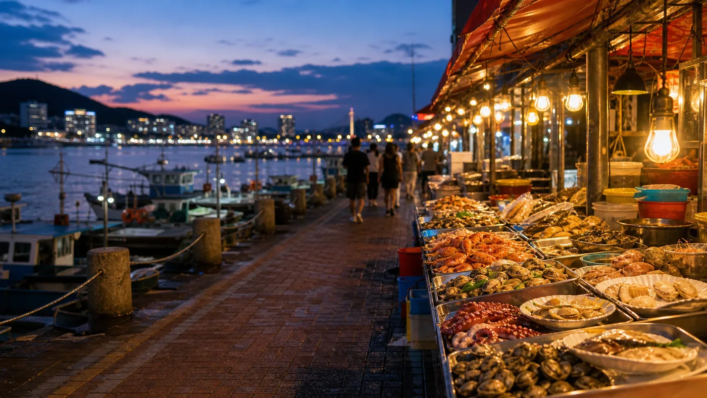 Evening atmosphere of Jungang Market and the food street around Tongyeong Harbor