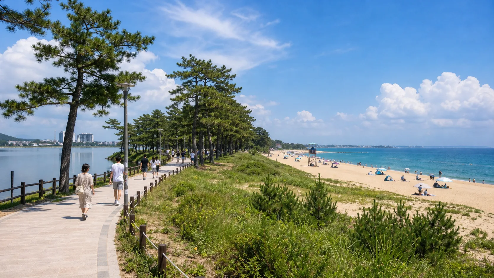 경포해변 송림 산책로와 여름 해변 풍경